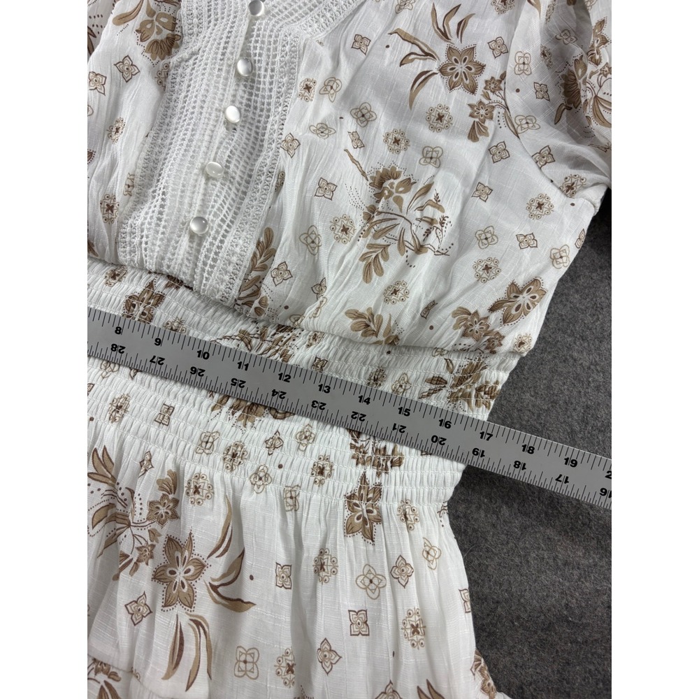 J GEE Floral Smocked Midi Dress White Tan Boho Coastal Tiered Lace V-Neck XL - Picture 4 of 7